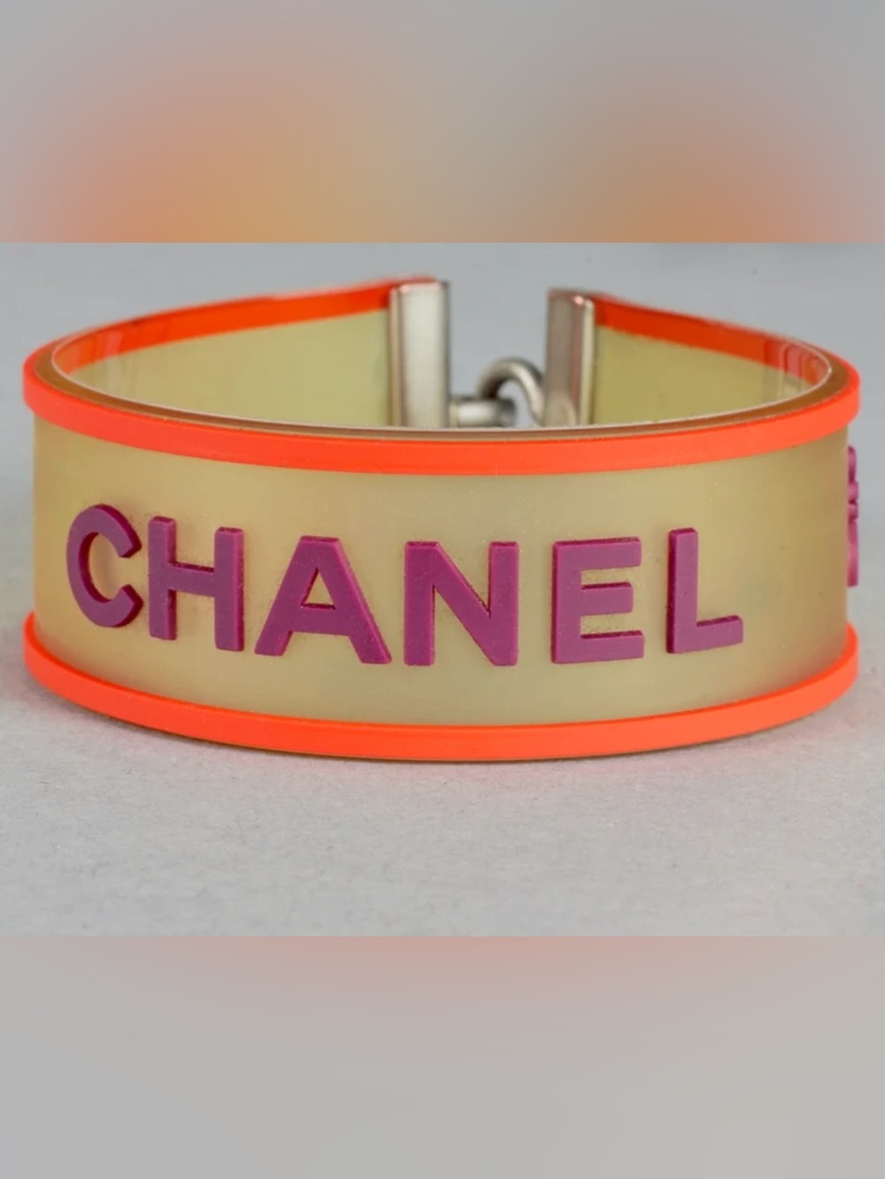 Vintage 2001 CHANEL Logo Camellia Orange Violet Rubber Cuff Bracelet
